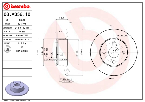 Disc frana TOYOTA COROLLA Liftback (_E11_) 2.0 D (CE110) diesel 72 cai BREMBO 08.A356.10