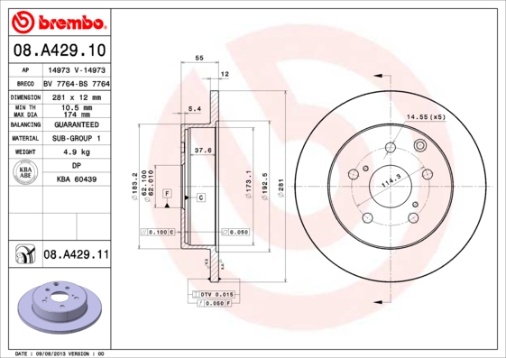 Disc frana TOYOTA RAV 4 IV VAN (_A4_) 2.2 D4d 4WD (ALA49) diesel 150 cai BREMBO 08.A429.11