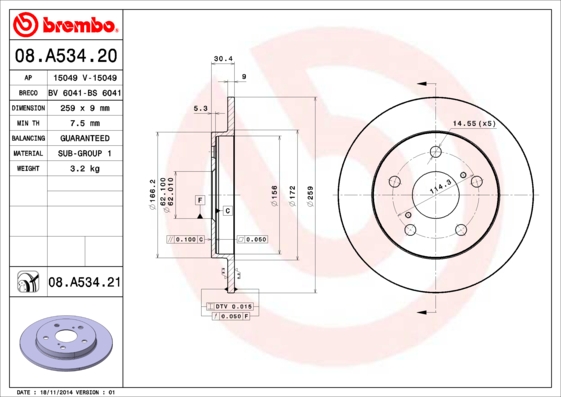 Disc frana TOYOTA AURIS (_E15_) 1.8 (ZRE152) benzina 136 cai BREMBO 08.A534.21