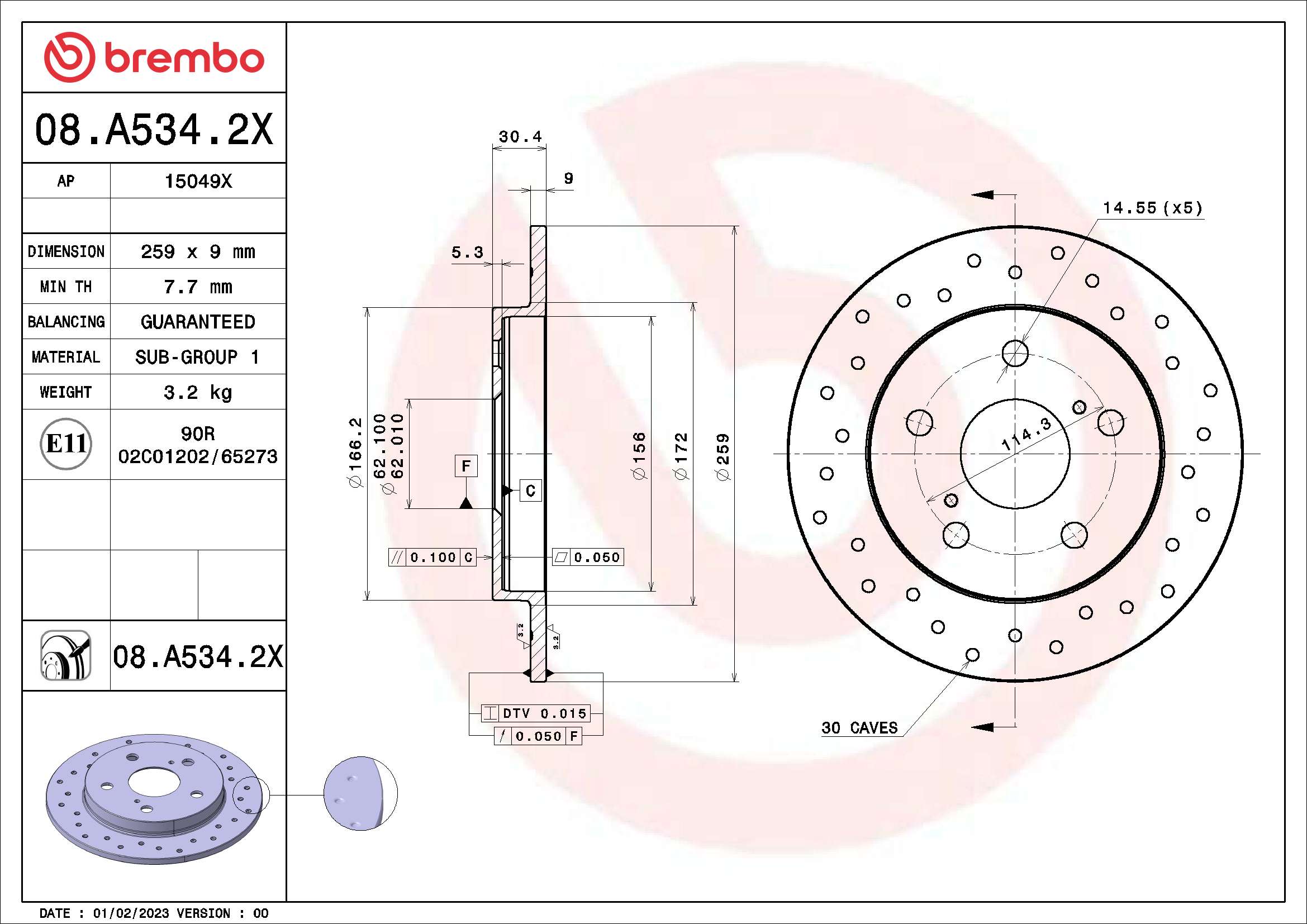 Disc frana TOYOTA AURIS (_E15_) 1.8 (ZRE152) benzina 136 cai BREMBO 08.A534.2X