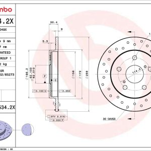 Disc frana TOYOTA AURIS (_E15_) 1.8 Hybrid (ZWE150_, ZWE150R) benzina/elector 136 cai BREMBO 08.A534.2X