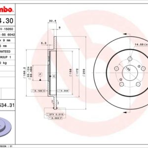 Disc frana TOYOTA VERSO S (_P12_) 1.4 D4-D (NLP121_, NLP121R) diesel 90 cai BREMBO 08.A534.31