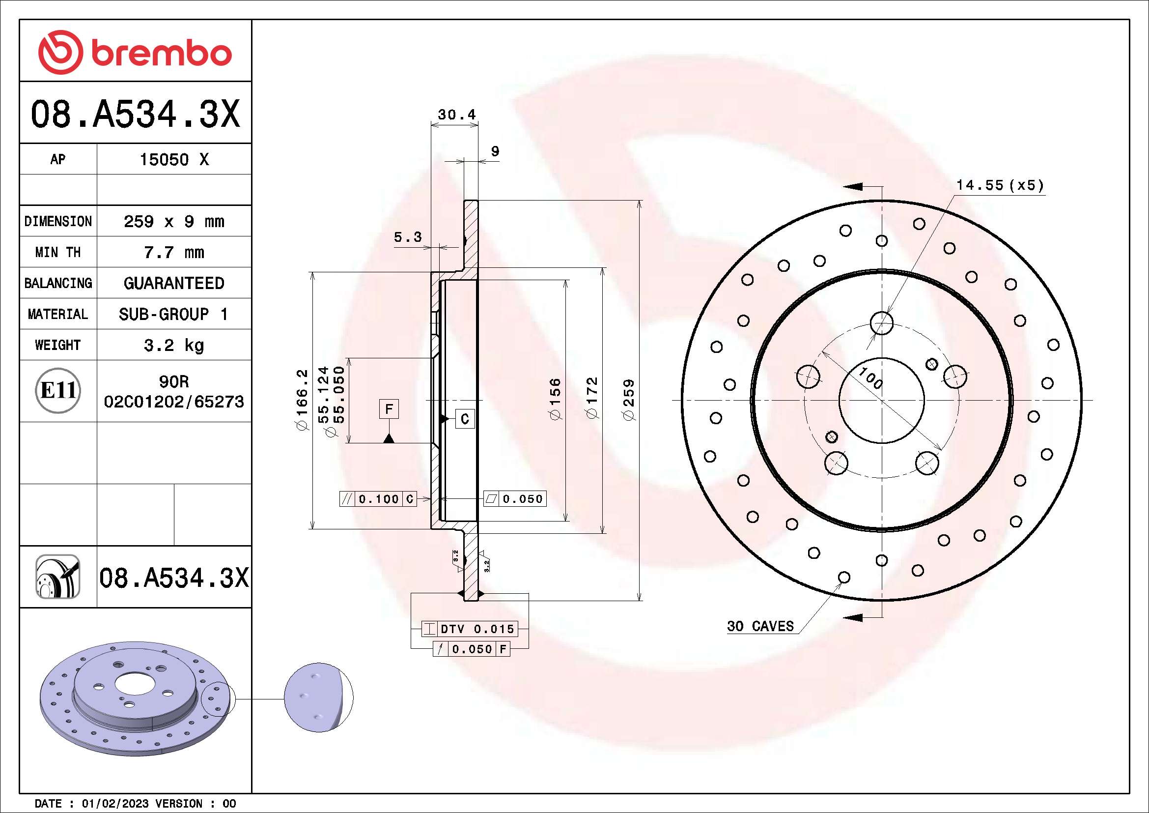 Disc frana TOYOTA VERSO S (_P12_) 1.33 (NSP120_) benzina 99 cai BREMBO 08.A534.3X