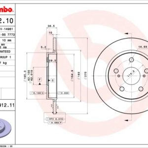 Disc frana TOYOTA AURIS (_E15_) 1.8 (ZRE152) benzina 136 cai BREMBO 08.A912.11