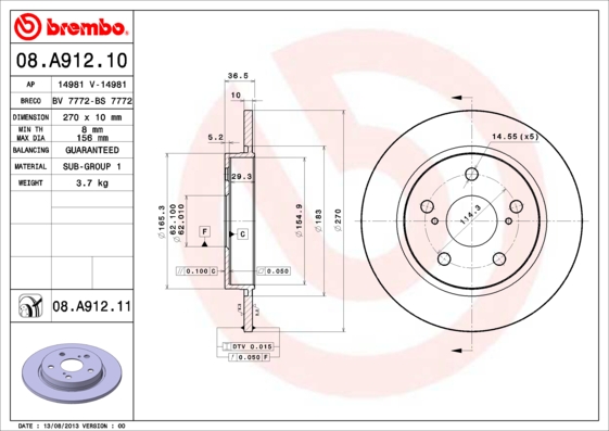 Disc frana TOYOTA AURIS (_E15_) 2.0 D-4D (ADE150_, ADE150R) diesel 126 cai BREMBO 08.A912.11