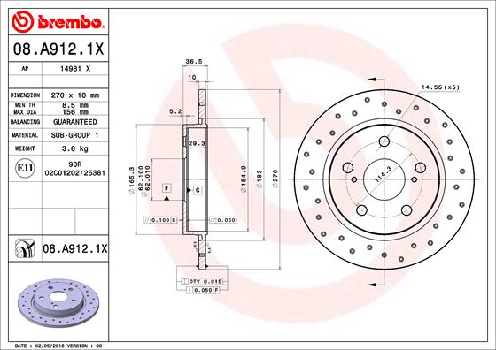 Disc frana TOYOTA AURIS (_E18_) 1.2 (NRE185_, NRE185R) benzina 116 cai BREMBO 08.A912.1X
