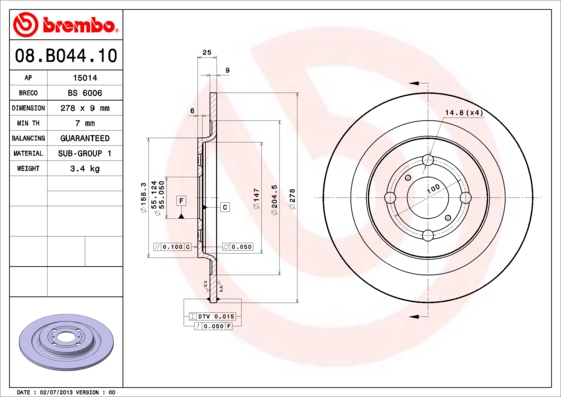 Disc frana TOYOTA YARIS (_P13_) 1.3 4WD (NSP135_, NSP135) benzina 95 cai BREMBO 08.B044.10