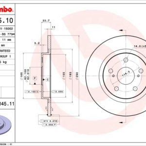 Disc frana TOYOTA AVENSIS limuzina (_T27_) 2.0 VVT-i (ZRT272_, ZRT272R) benzina 152 cai BREMBO 08.B045.11