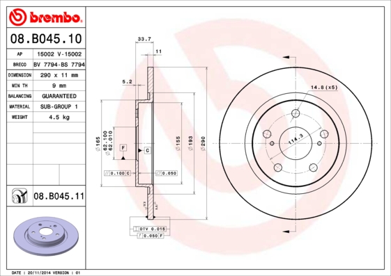 Disc frana TOYOTA AVENSIS combi (_T27_) 2.0 D-4D (WWT271_) diesel 143 cai BREMBO 08.B045.11