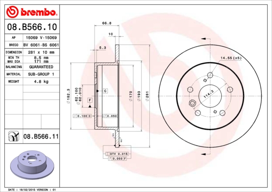 Disc frana TOYOTA CAMRY limuzina (_V4_) 2.4 Hybrid (AHV40R) benzina/elector 190 cai BREMBO 08.B566.11