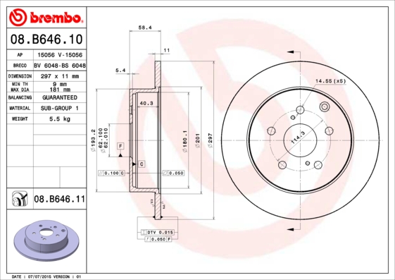 Disc frana TOYOTA VERSO VAN (_R2_) VVTi (ZGR21) benzina 147 cai BREMBO 08.B646.11