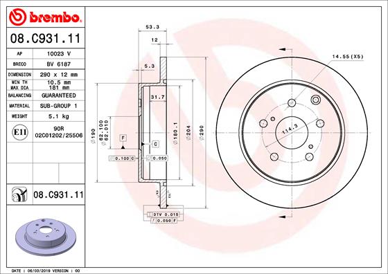 Disc frana TOYOTA PRIUS PLUS VAN (_W4_) 1.8 Hybrid (ZVW40) benzina/elector 136 cai BREMBO 08.C931.11