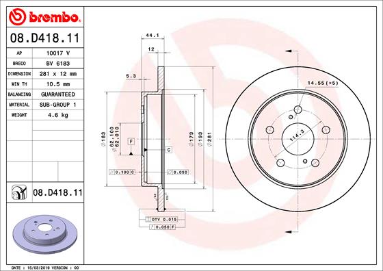 Disc frana TOYOTA RAV 4 V VAN (_A5_, _H5_) 2.5 Hybrid (AXAH52) benzina/elector 218 cai BREMBO 08.D418.11
