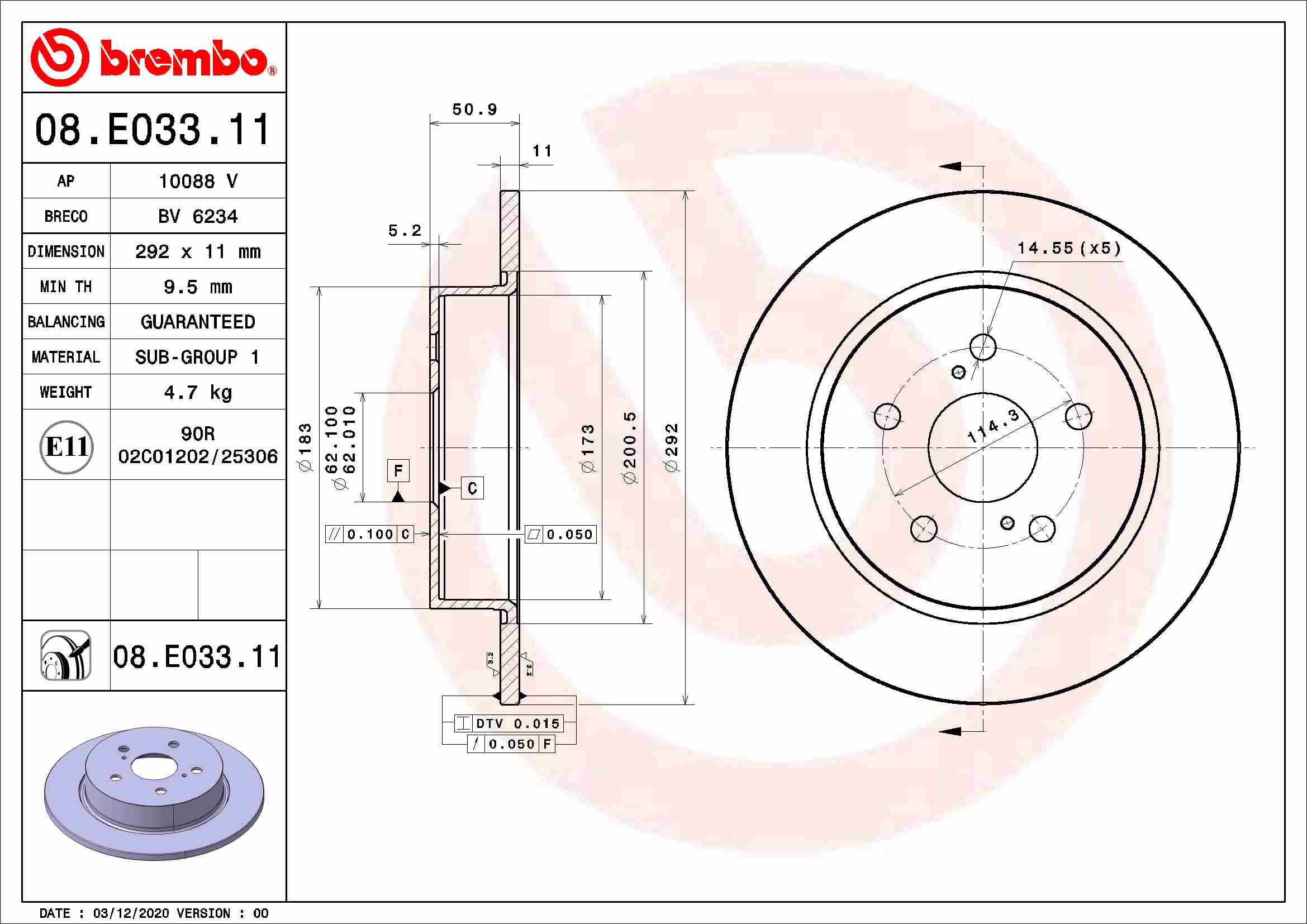 Disc frana TOYOTA C-HR (_X1_) 1.2 (NGX10_, NGX10R) benzina 116 cai BREMBO 08.E033.11