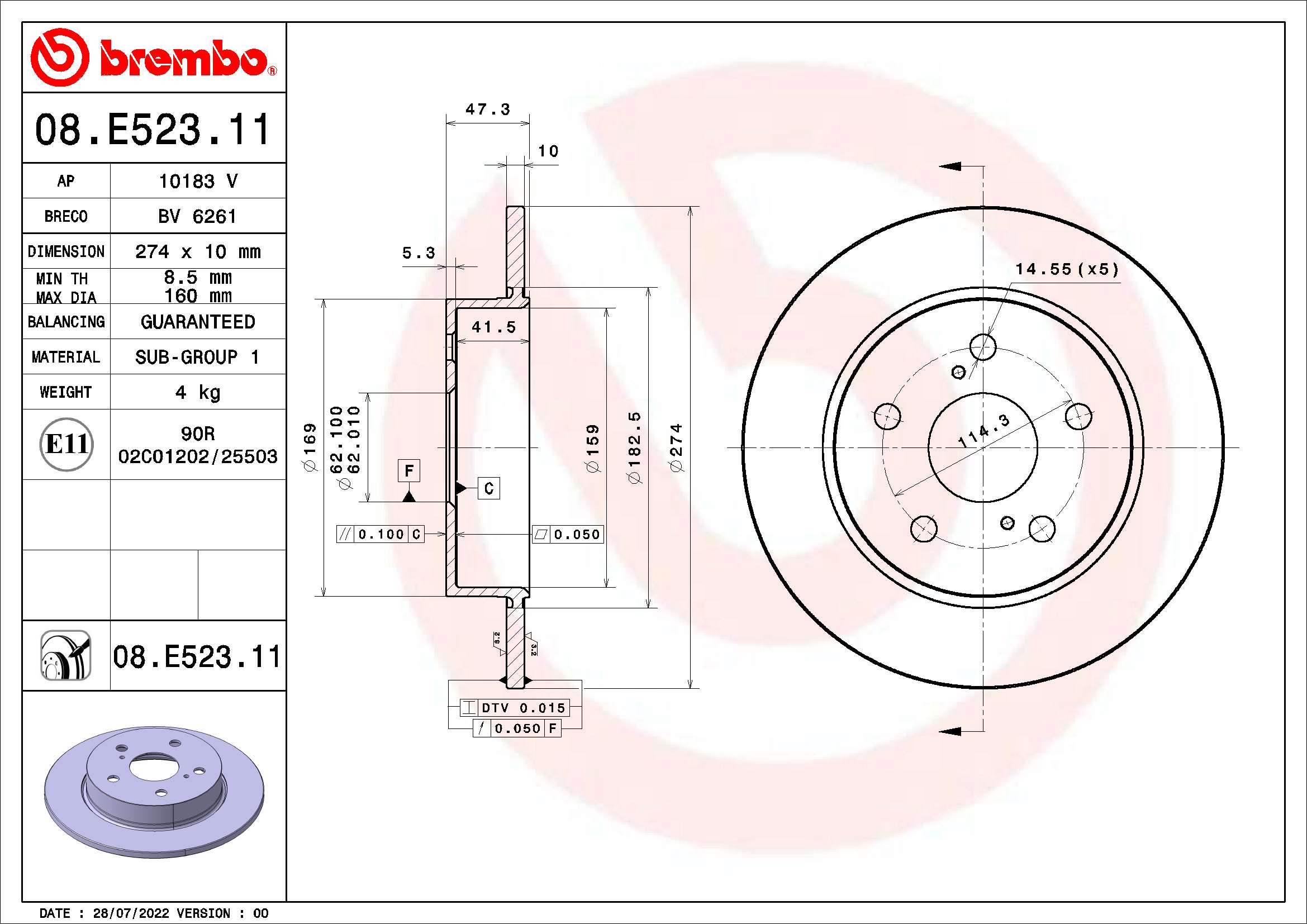 Disc frana TOYOTA COROLLA limuzina (_E21_) 1.6 VVTi (ZRE210) benzina 122 cai BREMBO 08.E523.11