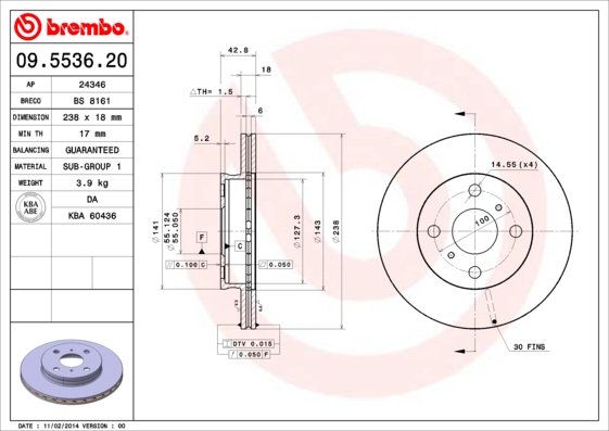 Disc frana TOYOTA STARLET (_P8_) 1.3 12V Cat (EP81) benzina 75 cai BREMBO 09.5536.20