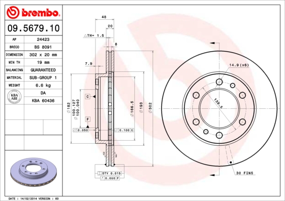 Disc frana TOYOTA LAND CRUISER pick-up (_J4_) 3.6 D (HJ45_P) diesel 90 cai BREMBO 09.5679.10