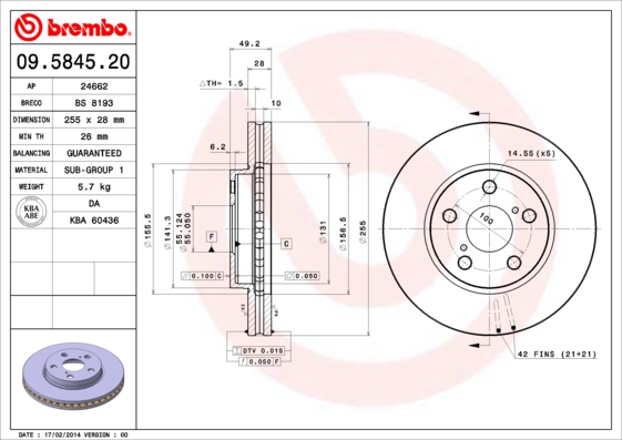 Disc frana TOYOTA CARINA E VI Sportswagon (_T19_) 2.0 GLI (ST191_, ST191R) benzina 133 cai BREMBO 09.5845.20