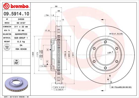 Disc frana TOYOTA LAND CRUISER 80 (_J8_) 4.2 TD (HDJ80) diesel 160 cai BREMBO 09.5914.10