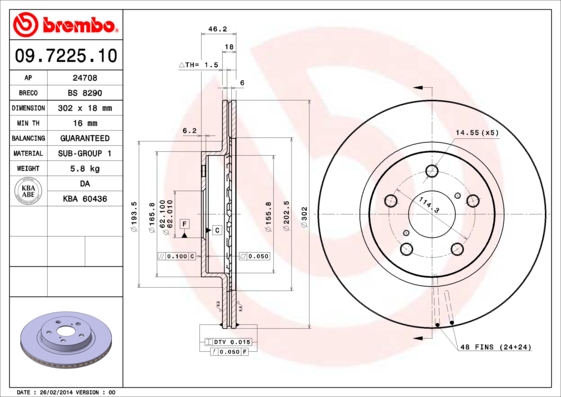 Disc frana TOYOTA RAV 4 I (_A1_) 2.0 4WD (SXA10) benzina 135 cai BREMBO 09.7225.10