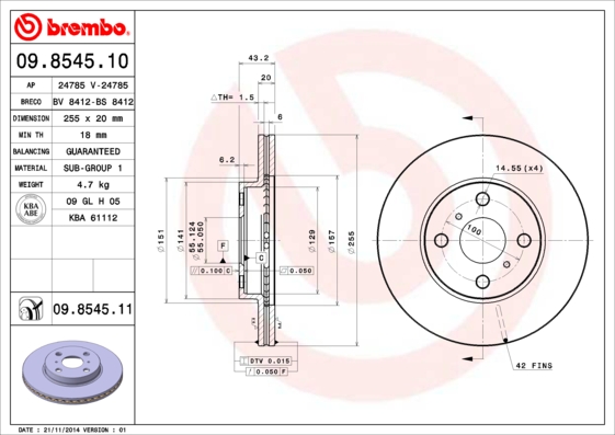 Disc frana TOYOTA YARIS (_P1_) 1.3 (NCP10, SCP12_) benzina 86 cai BREMBO 09.8545.11