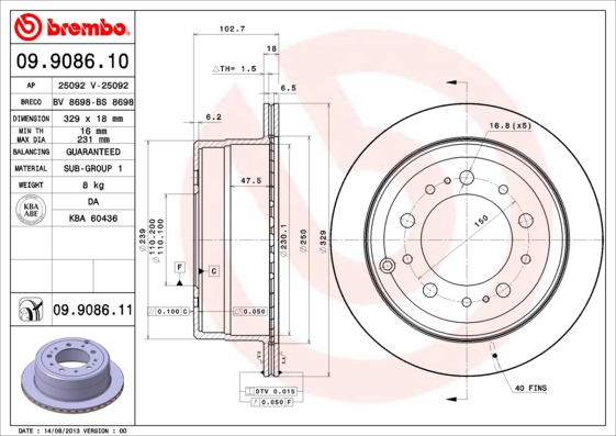 Disc frana TOYOTA LAND CRUISER 100 (_J1_) 4.2 TD (HDJ100_, HDJ100) diesel 204 cai BREMBO 09.9086.11