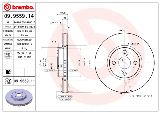 Disc frana TOYOTA COROLLA (_E12_) 2.0 D-4D (CDE120R, CDE120L_) diesel 116 cai BREMBO 09.9559.11