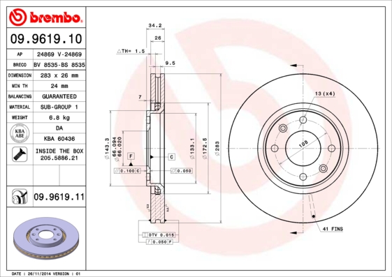 Disc frana TOYOTA PROACE CITY VERSO microbus (BKY_) 1.2 VVT-i 110 (BKYN) benzina 110 cai BREMBO 09.9619.11