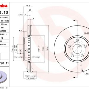 Disc frana TOYOTA AVENSIS Liftback (_T22_) 2.0 VVT-i (AZT220_, AZT220R) benzina 150 cai BREMBO 09.9790.11