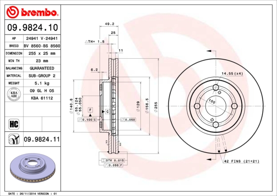 Disc frana TOYOTA COROLLA (_E12_) 1.8 VVTL-i TS (ZZE123) benzina 192 cai BREMBO 09.9824.11