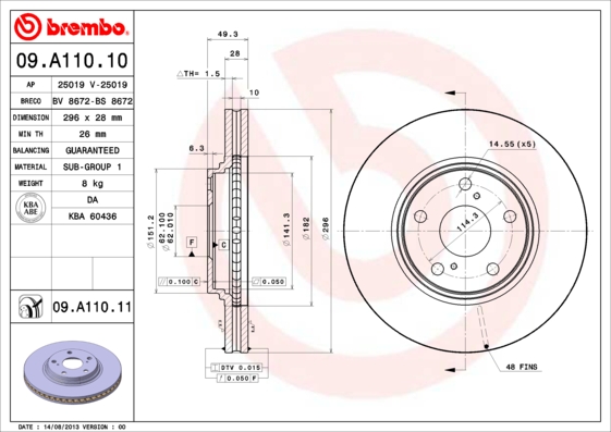 Disc frana TOYOTA CAMRY limuzina (_V3_) 3.0 (MCV30_, MCV30R) benzina 186 cai BREMBO 09.A110.10