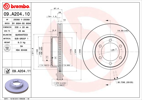Disc frana TOYOTA LAND CRUISER PRADO (_J12_) 3.0 D-4D (KDJ120, KDJ125) diesel 163 cai BREMBO 09.A204.10