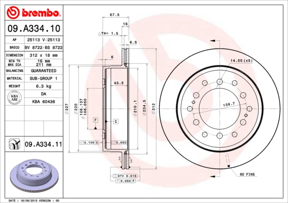 Disc frana TOYOTA LAND CRUISER 90 (_J9_) 3.4 i 24V (VZJ90_, VZJ95_, VZJ90R, VZJ95R, VZJ90W,... benzina 178 cai BREMBO 09.A334.11