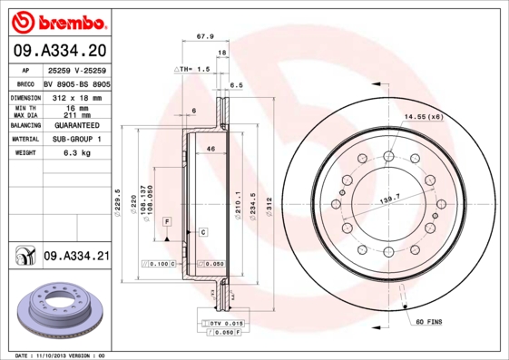 Disc frana TOYOTA LAND CRUISER PRADO (_J15_) 2.8 D-4D (GDJ155, GDJ150) diesel 204 cai BREMBO 09.A334.21