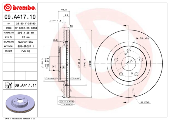 Disc frana TOYOTA RAV 4 IV (_A4_) 2.5 Hybrid (AVA42_) benzina/elector 197 cai BREMBO 09.A417.11