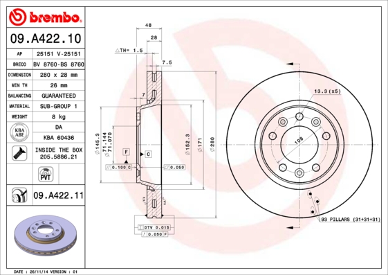 Disc frana TOYOTA PROACE caroserie (MDX_) 2.0 D (MDX6) diesel 163 cai BREMBO 09.A422.11