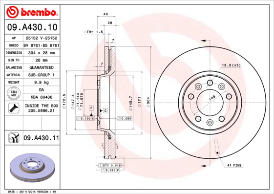 Disc frana TOYOTA PROACE caroserie (MDX_) 2.0 D (MDX6) diesel 163 cai BREMBO 09.A430.10