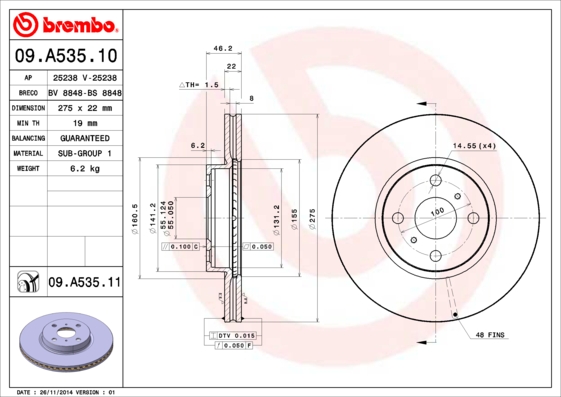 Disc frana TOYOTA YARIS (_P13_) 1.3 4WD (NSP135_, NSP135) benzina 95 cai BREMBO 09.A535.11