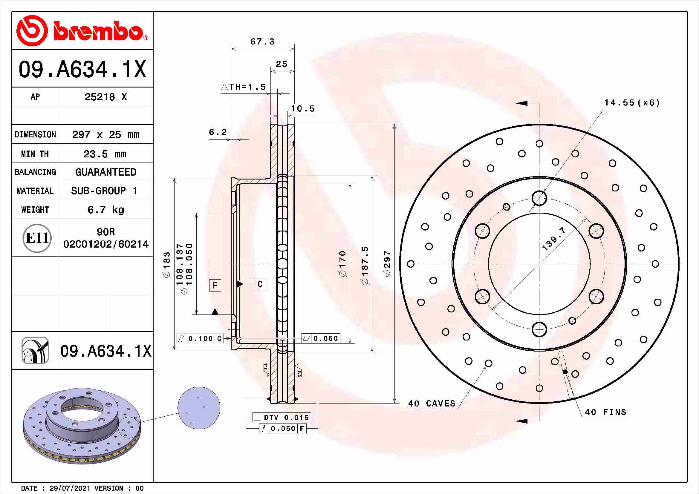 Disc frana TOYOTA HILUX VII pick-up (_N1_, _N2_, _N3_) 2.5 D 4WD (KUN25) diesel 102 cai BREMBO 09.A634.1X