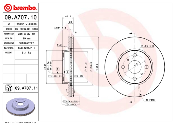 Disc frana TOYOTA YARIS (_P9_) 1.0 VVT-i (KSP90) benzina 71 cai BREMBO 09.A707.11