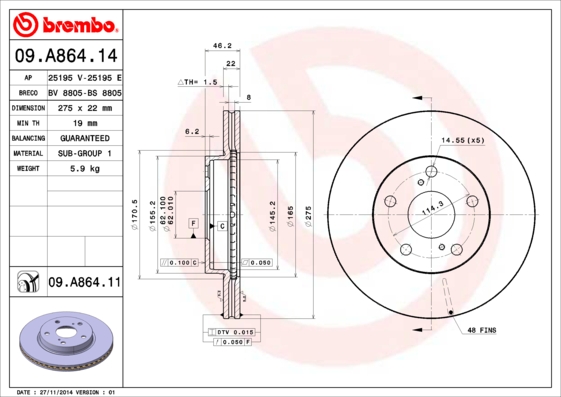 Disc frana TOYOTA AURIS (_E15_) 1.8 (ZRE152) benzina 136 cai BREMBO 09.A864.11