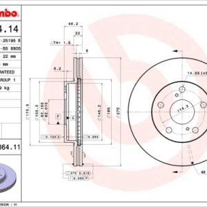 Disc frana TOYOTA AURIS (_E15_) 1.33 Dual-VVTi (NRE150_, NRE150R) benzina 101 cai BREMBO 09.A864.11