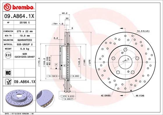 Disc frana TOYOTA AURIS (_E15_) 1.8 (ZRE152) benzina 136 cai BREMBO 09.A864.1X