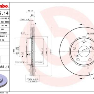Disc frana TOYOTA AURIS (_E15_) 1.8 Hybrid (ZWE150_, ZWE150R) benzina/elector 136 cai BREMBO 09.A865.11