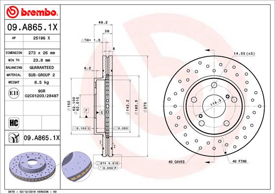 Disc frana TOYOTA AURIS (_E15_) 1.6 (ZRE151_, ZRE151R) benzina 132 cai BREMBO 09.A865.1X