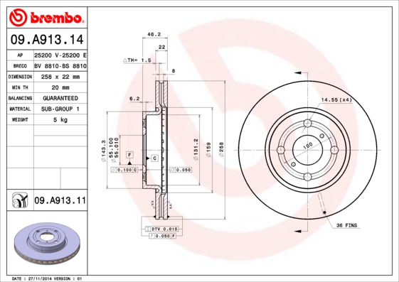 Disc frana TOYOTA YARIS (_P13_) 1.3 4WD (NSP135_, NSP135) benzina 95 cai BREMBO 09.A913.14