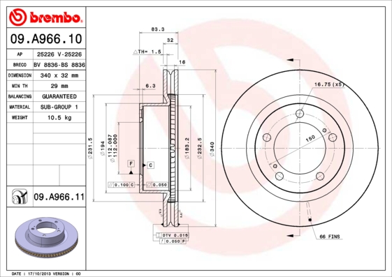 Disc frana TOYOTA LAND CRUISER 200 (_J2_) 4.5 D4-D (VDJ200) diesel 265 cai BREMBO 09.A966.11