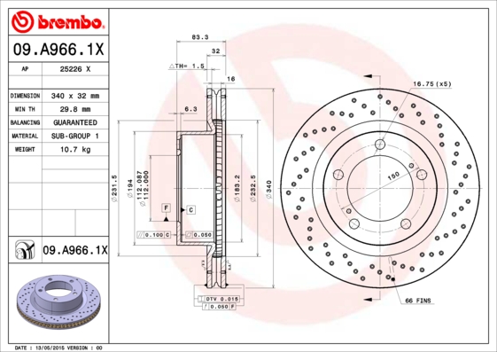 Disc frana TOYOTA LAND CRUISER 200 (_J2_) 4.5 D4-D (VDJ200) diesel 272 cai BREMBO 09.A966.1X