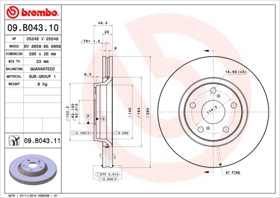 Disc frana TOYOTA AVENSIS limuzina (_T27_) 2.0 VVT-i (ZRT272_, ZRT272R) benzina 152 cai BREMBO 09.B043.10