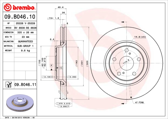 Disc frana TOYOTA AVENSIS combi (_T27_) 2.0 D-4D (WWT271_) diesel 143 cai BREMBO 09.B046.11